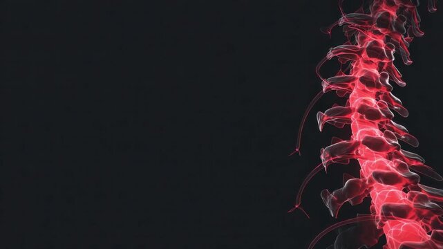 Illuminated Spinal Anatomy: A detailed, illuminated view of the human spinal column against a dark backdrop, emphasizing the intricate network of bones and nerves, signifying health.