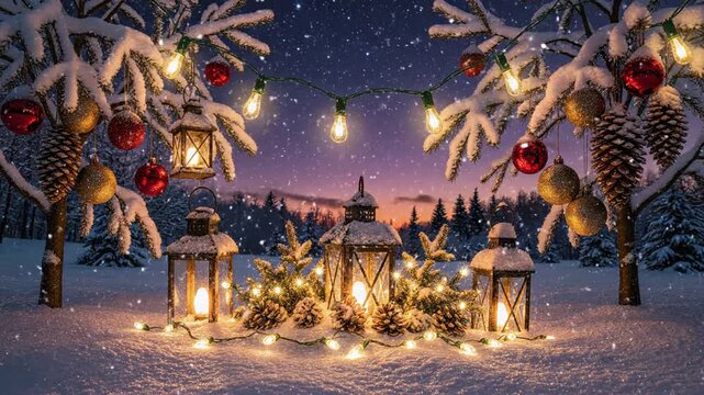 Cozy winter scene framed by snowed branches with lanterns, lights and ornaments at sunset