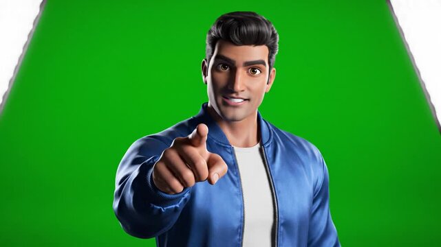 A stylized animated male figure in a blue jacket and white undershirt points at the viewer with an open mouth on a green backdrop