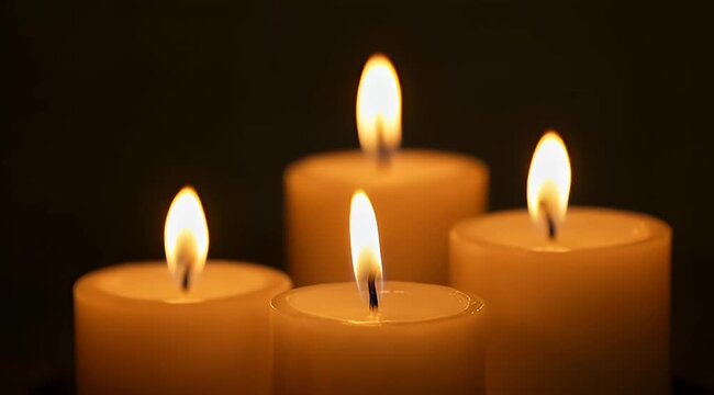 Four glowing candles illuminate a dark background creating a warm ambiance