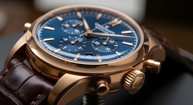 A luxurious Swiss-style chronograph wristwatch featuring a polished rose gold case, detailed blue dial with multiple sub-dials and date display, paired with a textured brown leather strap for refined 