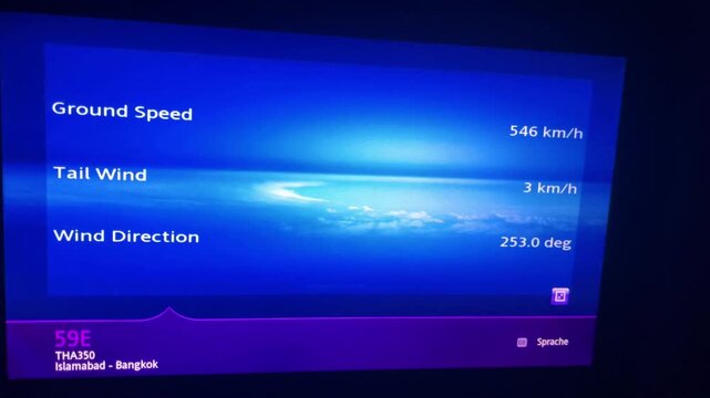 Seat screen in Aeroplane showing wind parameters