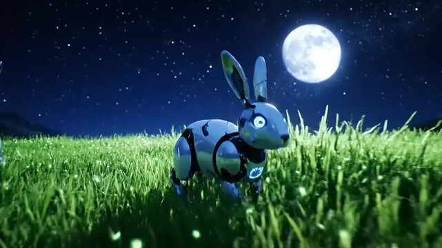 Robot Rabbits in Field Under Moonlight.