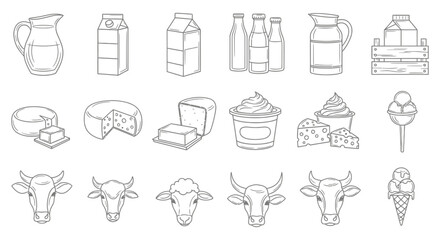 illustrated collection of various outline dairy products and farm animal icons ideal for food and agriculture designs