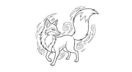 Fototapeta premium Mystical Fox Spirit Forest Hunter Emblem Coloring Page for Kids. transparent.