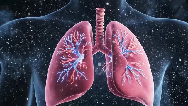 3d illustration of human lungs with particles entering the bronchial tubes