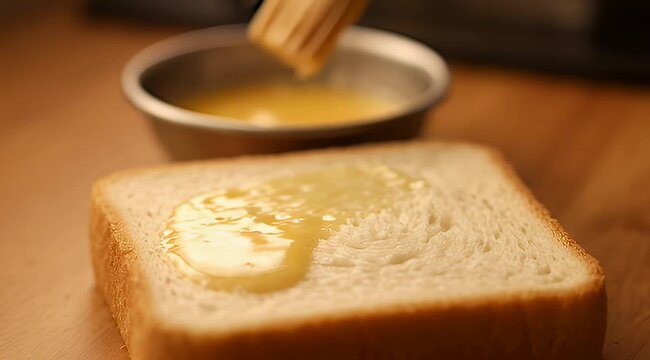 Greasing a piece of white bread with a yellow liquid, cooking process