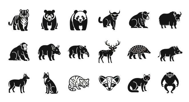 Collection of Various Animal Silhouettes and Icons.