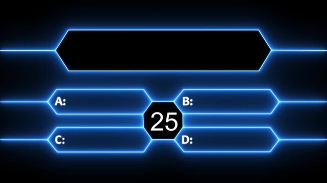 Neon Quiz Animation with option selection on black background ,Quiz template challenge with option selection. Animation of a neon blue quiz with a choice of answer options 30 sec of your time. 4k