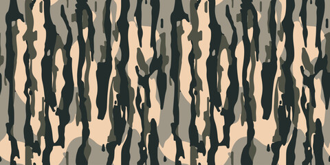 . Tree bark hunting camouflage. Vintage Vertical Tiger Stripe Camouflage Seamless Vector © Rashid