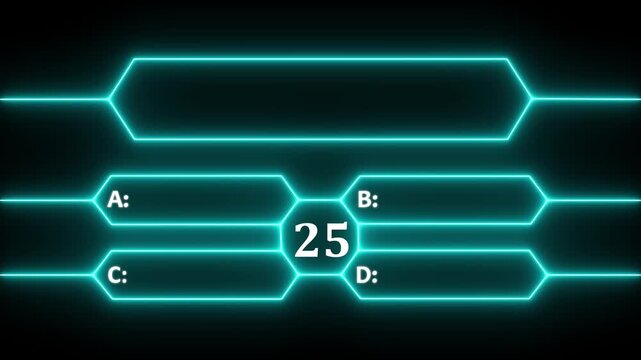 Neon Quiz Animation with option selection on black background ,Quiz template challenge with option selection. Animation of a neon blue quiz with a choice of answer options 30 sec of your time. 4k