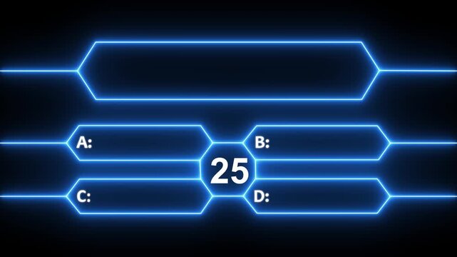 Neon Quiz Animation with option selection on black background ,Quiz template challenge with option selection. Animation of a neon blue quiz with a choice of answer options 30 sec of your time. 4k