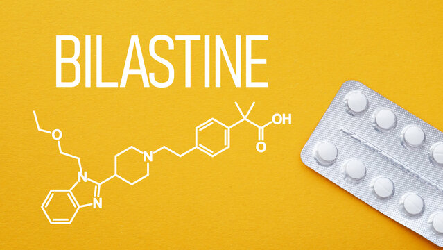 Bilastine antihistamine medication concept for allergy treatment, histamine H1 receptor blocker, relief of allergic rhinitis and urticaria symptoms, therapy for seasonal and chronic allergies
