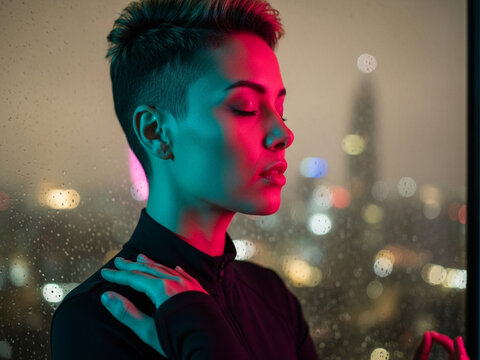 Generative AI: Cinematic Profile of a Woman Meditating by a Rainy City Window with Vibrant Teal and Pink Neon Lighting