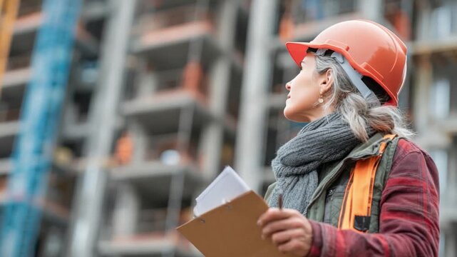 Visionary Architect: An experienced architect, donning a safety helmet, surveys a construction site. Gripping blueprints, she assesses the progress of the towering structure.