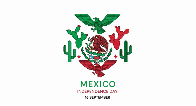 Mexico Independence Day emblem illustration, featuring stylized eagle and snake, nopal cactus, and national colors. Mexico Independence Day elements symbolize national pride and heritage,