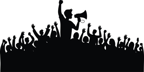 Silhouette of man holding megaphone with protesting crowd, activist leading people, revolution and public demonstration concept set