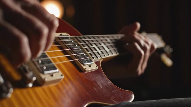 A focused shot of a musician&rsquo;s hands playing a guitar, evoking passion and creativity. Ideal for blogs, articles, or advertisements related to music, 