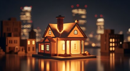 A miniature illuminated house in a cityscape at night