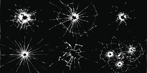 Set of broken glass bullet holes with shattered cracks on black background realistic vector illustration for crime and action designs © GraphixEra
