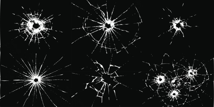 Set of broken glass bullet holes with shattered cracks on black background realistic vector illustration for crime and action designs