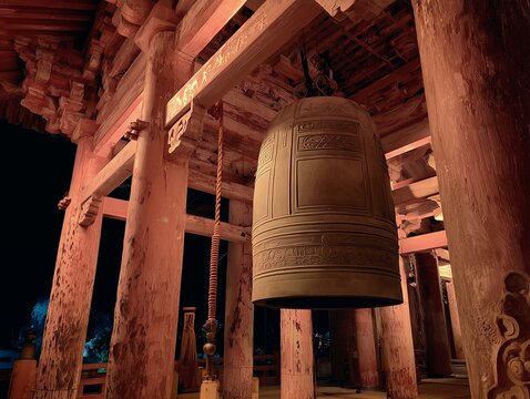 夜の静寂に包まれた寺院の鐘楼で赤く照らされた大きな梵鐘をローアングルで捉えた写真