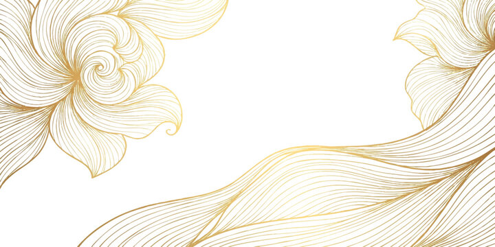 Elegant gold line art floral background with abstract waves and blooming flowers for luxury wedding invitations or decorative banners vector illustration