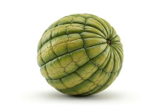 Closeup of a green melon with a textured rind isolated on white background