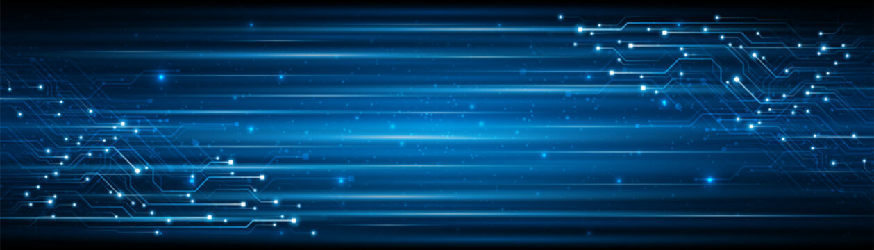 Blue glowing lines with glitter light effect on dark background. High speed internet technology concept or fast wireless data transmission. modern internet network connection technology background