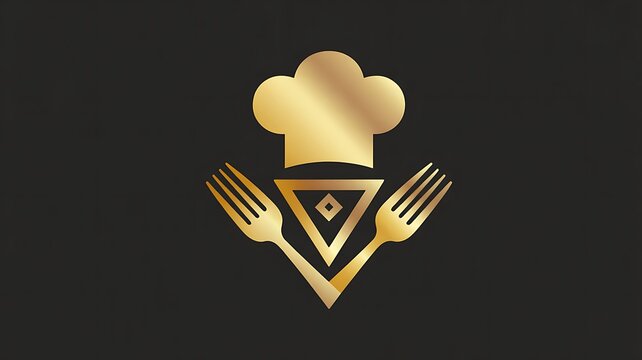 A gold chef hat and utensils forming a minimalist logo design viewed directly on a black background