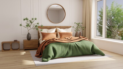 Naklejka na ściany i meble room shows a bed with a green spread, brown pillows, and a wooden headboard. There are two plants by the window and light entering, making the space bright and inviting. 3d render