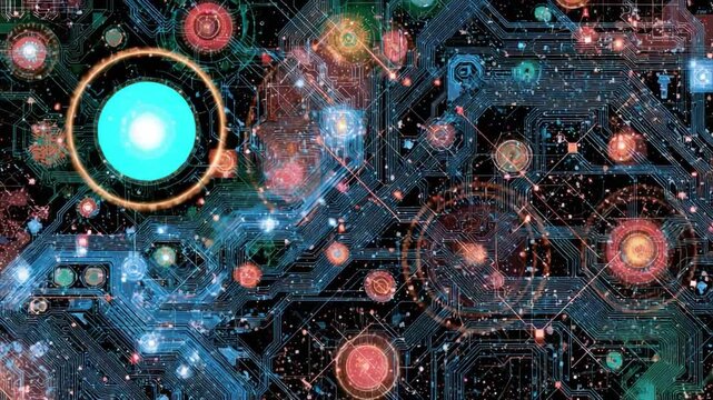 Digital Circuitry Cosmos: An intricate, brightly colored circuit board design comes to life, a mesmerizing visual journey through the complex web of digital connections.