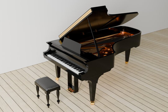 grand piano stands on a wooden floor in a modern room. lid is open, showing the strings inside. matching bench is placed next to the piano for sitting. 3d render