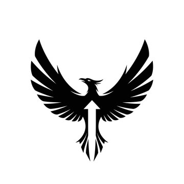 Black Phoenix Rising with Upward Arrow Symbol, Mythical Bird of Rebirth and Success