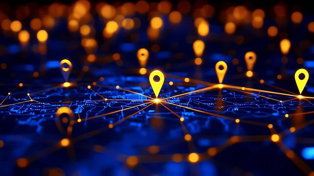 Digital map with location pins and network connections.