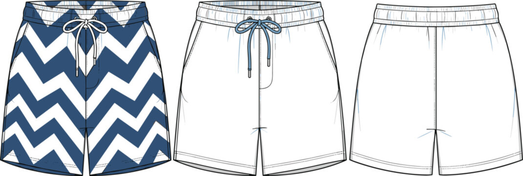 Men's swim shorts technical flat sketch vector featuring chevron zigzag pattern and drawstring elastic waistband for beachwear and summer fashion.