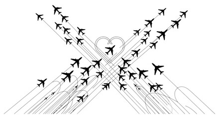 Fototapeta premium black silhouette airplanes forming a heart shape with flight paths symbolizing love global connections and romantic travel journeys