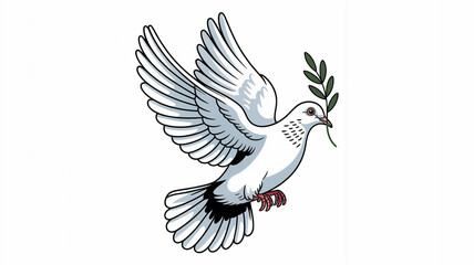 Obraz premium A White Dove with an Olive Branch in its Beak Flying Against a White Background peace dove flying bird