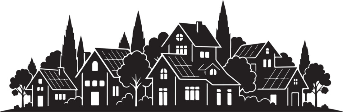 Black and white illustration of a small town village scene