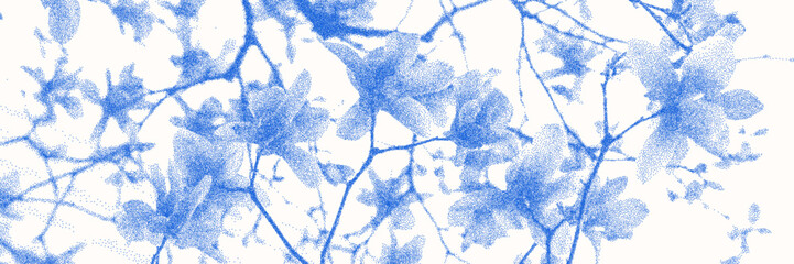 Obraz premium Blue cyanotype magnolia botanical background. Stipple dot overlay texture with flower and twig silhouette. Delicate indigo blue nature banner for template and graphic design project.