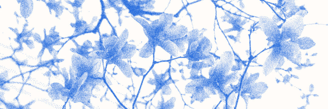 Blue cyanotype magnolia botanical background. Stipple dot overlay texture with flower and twig silhouette. Delicate indigo blue nature banner for template and graphic design project.