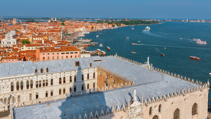View of Venice wonderful historic center and lagoon from St Mark bell tower