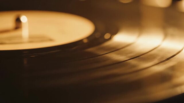 A warm, nostalgic image of a spinning vinyl record. Perfect for evoking feelings of music appreciation, retro vibes, and a slower pace of life; ideal 