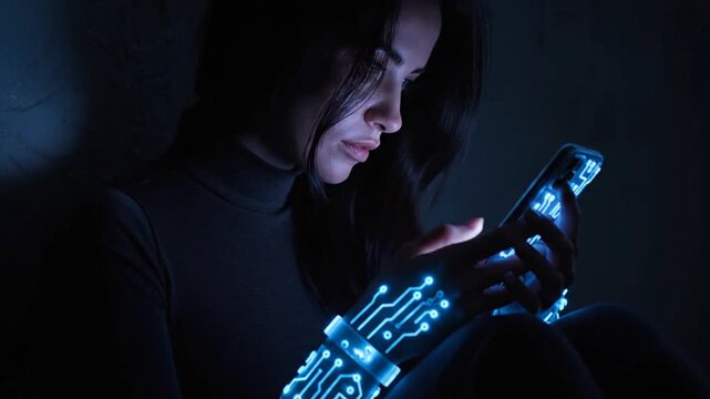 A woman with a futuristic cybernetic arm glowing with circuit patterns stares intently at her smartphone in dim lighting