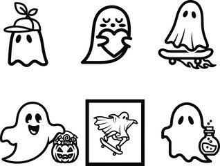 Obraz premium black and white illustrations of ghosts and halloween symbols