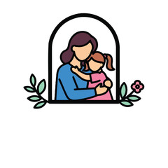 Fototapeta premium Mother and child hugging in arch with leaves vector illustration