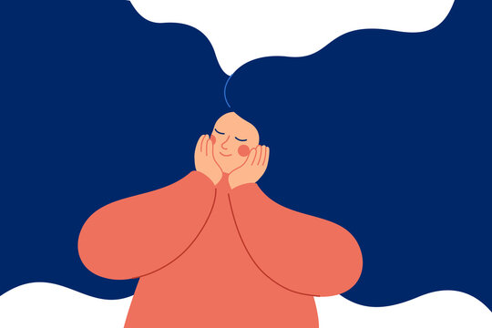 happy woman with flying hair. young creative carefree girl with inspiration, dreams, imagination. good mental health and love himself concept. Flat vector illustration