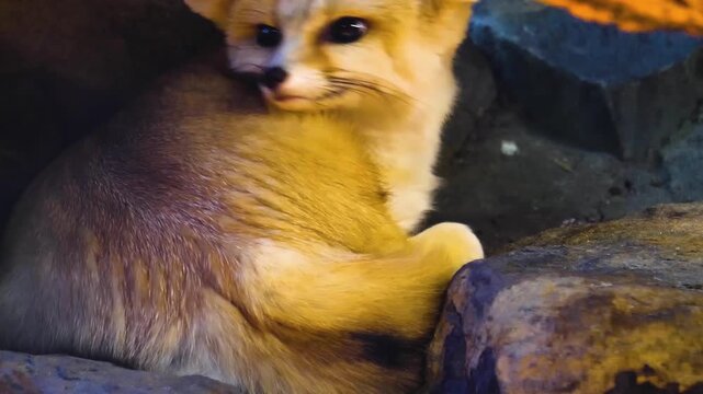 Close up of a desert fennec fox head resting and looking around hidden around rocks