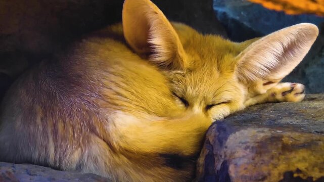 Close up of a desert fennec fox head resting and looking around hidden around rocks