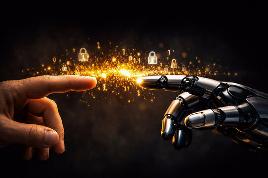Conceptual photorealistic image of a human and robotic finger reaching towards each other with a glowing digital data bridge representing trust and AI connection